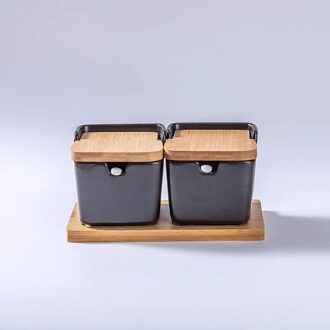 Nordic Minimalistische Creatieve Keramische Kruiden Kruidkruik Met Bamboe Deksel Porselein Zout Opbergdoos Keuken Organizer Specerijen 2pots zwart