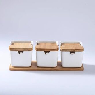 Nordic Minimalistische Creatieve Keramische Kruiden Kruidkruik Met Bamboe Deksel Porselein Zout Opbergdoos Keuken Organizer Specerijen 3pots wit
