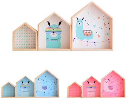 Nordic Natural Wooden House Wall Rack Children's Room Decorations Cartoon Animal Floating Shelves Kids Bedroom Home Decor