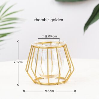 Nordic Stijl Gouden Zwart Glas Hydrocultuur Ijzer Lijn Bloem Vaas Metal Plant Houder Vazen Ornament Moderne Home Decor rhombic gloden