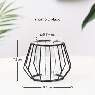 Nordic Stijl Gouden Zwart Glas Hydrocultuur Ijzer Lijn Bloem Vaas Metal Plant Houder Vazen Ornament Moderne Home Decor rhombic zwart