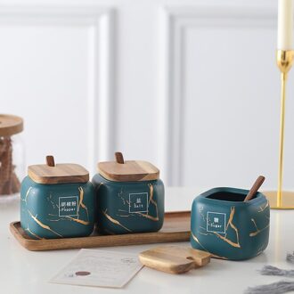 Nordic Stijl Marmeren Patroon Keramische Keuken Accessoires Kruiden Tank Set Zoutvaatje Kruidkruik Set Met Bamboe Houten Deksels groen 3stk reeks