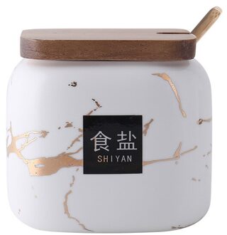 Nordic Stijl Marmeren Patroon Keramische Keuken Accessoires Kruiden Tank Set Zoutvaatje Kruidkruik Set Met Bamboe Houten Deksels wit 1stk
