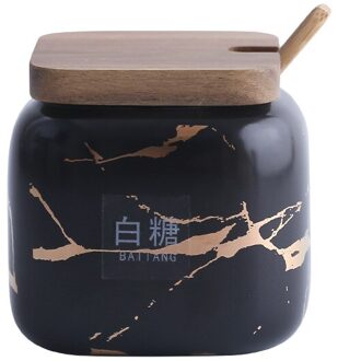 Nordic Stijl Marmeren Patroon Keramische Keuken Accessoires Kruiden Tank Set Zoutvaatje Kruidkruik Set Met Bamboe Houten Deksels zwart 1stk