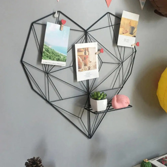 Nordic Style Home Metal Cafe Heart Wall Hanging Shelf Clips Cords Photos Postcards Frame Display Art Storage Rack Holder Decor