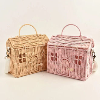 Nordic Style INS Fashion Handmade Rattan Vintage Basket bag Kids Shoulder Bag House Shape Best Gift for Girls Crossbody bag