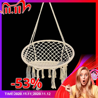 Nordic Style Round Hammock Swing Chair Safety Hanging Hammock Rope Hanging Garden Seat Beige Knitting Rope Swing Balcony Chair