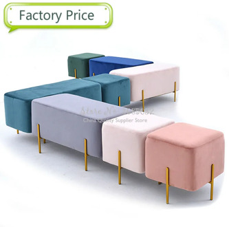 Nordic Vintage Luxury Golden Iron Metal Home Stool Ottoman Dressing Chair Footstool Soft Velvet Fabric Kid Bed Living Room Sofa