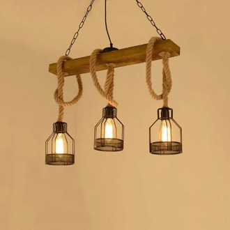 Nordic wood light 3 heads E27 hanging lamp loft iron hemp rope pendant lamp restaurant dining room kitchen ceiling chandelier