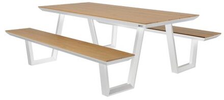 Nori Picknicktafel met 2 banken in Wit & Teak-look voor 6 Personen Picknick Tafel / Picnic Table van Aluminium &