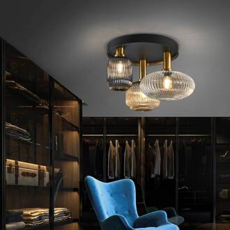 Norma plafondlamp, Ø 56 cm, 3-lamps, zwart/messing, glas zwart, messing, helder, amber, rookgrijs