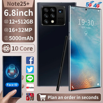 Note 25+ 6.8inch Full Display 10-Core 12GB +512GB Android Smartphones 2K Five Camera Universal 5G LET Mobile Phone with TouchPen