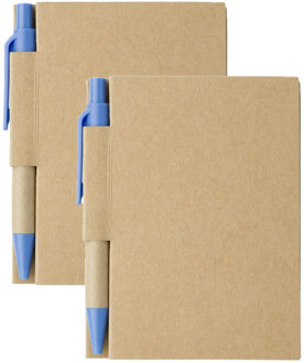 Notitie boekje/blok met balpen - 2x - harde kaft - beige/blauw - 11 x 8 cm - 80 bladzijden gelinieer