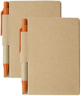 Notitie boekje/blok met balpen - 2x - harde kaft - beige/oranje - 11 x 8 cm - 80 bladzijden geliniee