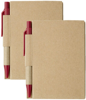 Notitie boekje/blok met balpen - 2x - harde kaft - beige/rood - 11 x 8 cm - 80 bladzijden gelinieerd