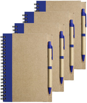 Notitie boekje/blok met balpen - 4x - harde kaft - beige/blauw - 18 x 13 cm - 60 bladzijden geliniee