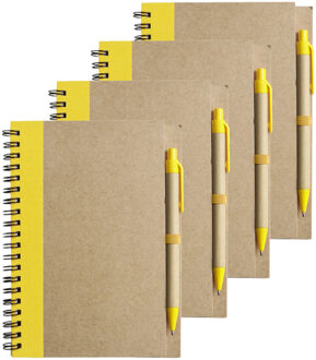 Notitie boekje/blok met balpen - 4x - harde kaft - beige/geel - 18 x 13 cm - 60 bladzijden gelinieer