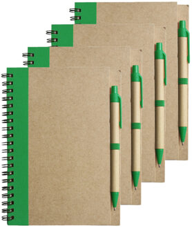Notitie boekje/blok met balpen - 4x - harde kaft - beige/groen - 18 x 13 cm - 60 bladzijden geliniee
