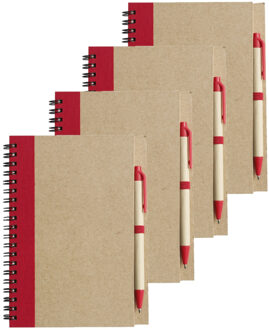 Notitie boekje/blok met balpen - 4x - harde kaft - beige/rood - 18 x 13 cm - 60 bladzijden gelinieer