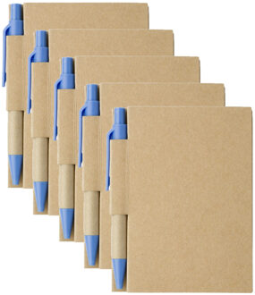 Notitie boekje/blok met balpen - 5x - harde kaft - beige/blauw - 11 x 8 cm - 80 bladzijden gelinieer