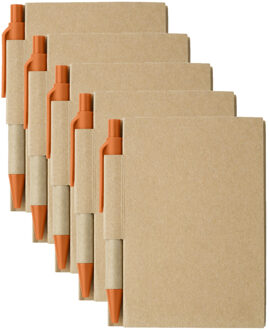 Notitie boekje/blok met balpen - 5x - harde kaft - beige/oranje - 11 x 8 cm - 80 bladzijden geliniee