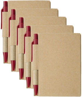 Notitie boekje/blok met balpen - 5x - harde kaft - beige/rood - 11 x 8 cm - 80 bladzijden gelinieerd