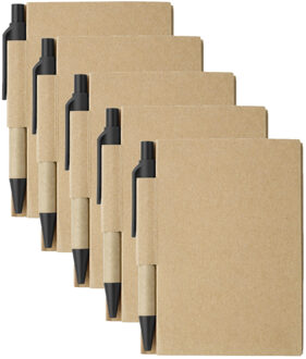 Notitie boekje/blok met balpen - 5x - harde kaft - beige/zwart - 11 x 8 cm - 80 bladzijden gelinieer