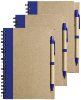 Notitie boekje/blok met balpen - 6x - harde kaft - beige/blauw - 18 x 13 cm - 60 bladzijden geliniee