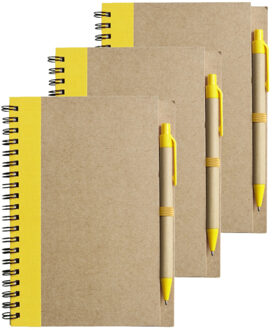 Notitie boekje/blok met balpen - 6x - harde kaft - beige/geel - 18 x 13 cm - 60 bladzijden gelinieer