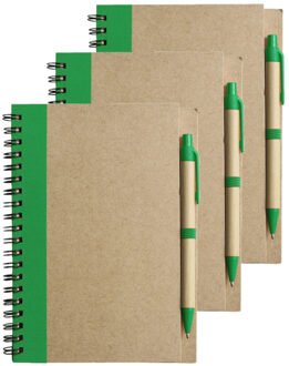 Notitie boekje/blok met balpen - 6x - harde kaft - beige/groen - 18 x 13 cm - 60 bladzijden geliniee