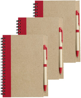 Notitie boekje/blok met balpen - 6x - harde kaft - beige/rood - 18 x 13 cm - 60 bladzijden gelinieer