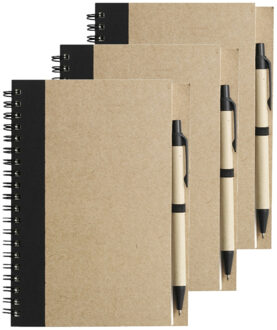 Notitie boekje/blok met balpen - 6x - harde kaft - beige/zwart - 18 x 13 cm - 60 bladzijden geliniee