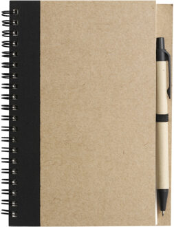 Notitie boekje/blok met balpen - harde kaft - beige/zwart - 18 x 13 cm - 60 bladzijden gelinieerd