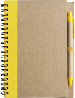Notitie/opschrijf boekje met balpen - harde kaft - beige/geel - 18x13cm - 60blz gelinieerd - Notitieboek