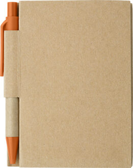 Notitie/opschrijf boekje met balpen - harde kaft - beige/oranje - 11x8cm - 80blz gelinieerd - Notitieboek