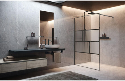 Novellini H art Inloopdouche - 100x200cm - Ribbelglas flute - mat zwart harthc100-94h Zwart mat