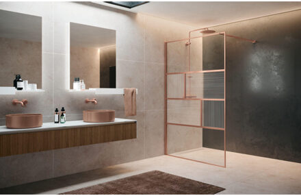 Novellini H art Inloopdouche - 100x200cm - Ribbelglas linea 2 - brushed red gold (koper) harthc100-93r Roodgoud geborsteld