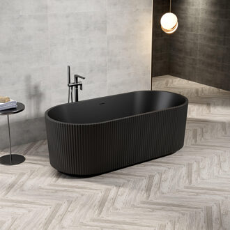 Nuo Vrijstaand Bad - 170x80x58cm - ribbel - met afvoer - mat zwart 7102_MB Zwart mat