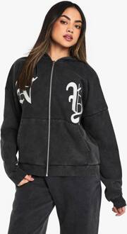 Ny Geborduurde Oversized Zip Hoodie, Charcoal - M