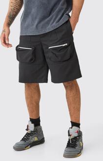 Nylon Cargo Shorts Met Elastische Taille, Black