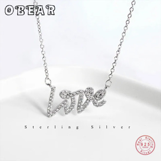 OBEAR 100% 925 Sterling Silver Letter LOVE Pendants Cubic Zirconia Necklaces For Women Jewelry Gift