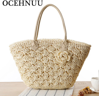 OCEHNUU 2020 Summer Beach Bag Straw Large Zipper Woven Straw Handbags Casual Big Shoulder Bag Women Flowers Ladies Tote Bag