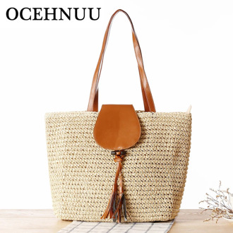OCEHNUU Summer Woven Straw Handbags Beach Bags Women Large Fashion Bolsos Mujer Solid Big Women's Shoulder Bags With Zipper