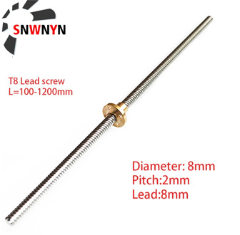 OD 8mm T8 Lead Screw Pitch 2mm Lead 8mm 150mm 200mm 300mm 350mm 400 500 600 800 1000mm 1200mm With Brass Nut For CNC 3D Printer