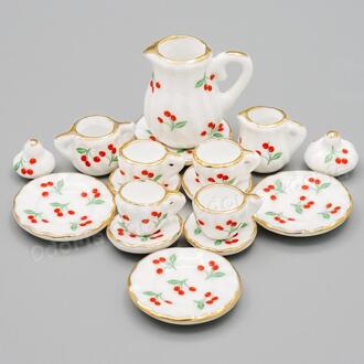 Odoria 1:12 Miniatuur 15 Stuks Tea Cup Set Rode Kersen Met Gouden Trim Porselein Servies Poppenhuis Keuken Accessoires