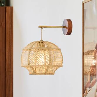 Odyssée wandlamp van palmvezel Ø28cm natuurbeige, donker hout, messing