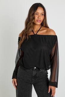 Off-Shoulder Blouse Met Strikkraag, Ruches Aan De Zoom, Mesh Blouse, Black - 34