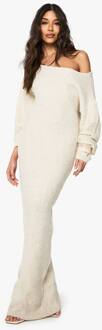 Off-Shoulder Borg Gebreide Maxi Jurk, Cream - S