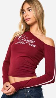 Off-Shoulder Top Met Gestreepte Mouwen En Print, Burgundy - 40