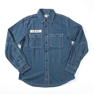 OK9350 Verticale Gestreepte Shirt Mannen Retro Knappe Casual Eenvoudige Straat Pocket Denim Lange Mouwen Turn-Down Kraag top OK9350 grijs blauw / Xl